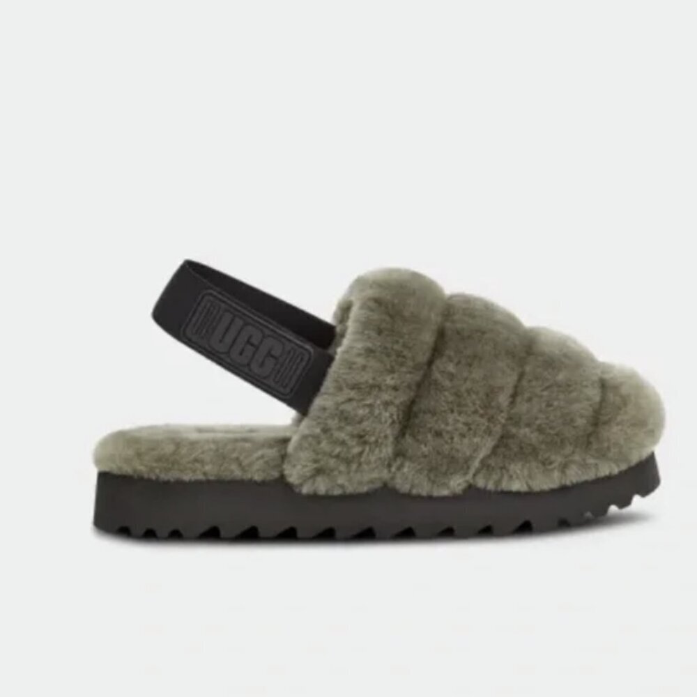 UGG Super Fluff Slippers Olive Green Sherpa & Black Slip On Slippers Size 8